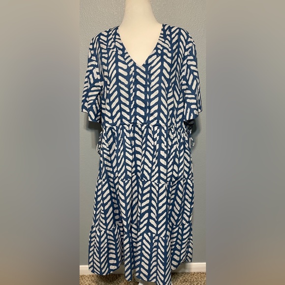 Adrift Dresses & Skirts - Adrift Blue Herringbone Tiered Swing Dress Babydoll Boho Prairie Cottagecore 2XL